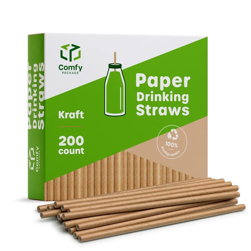 Comfy Package [200 Pack] Kraft Paper Straws, 100% Biodegradable & Ink-free, Straws for drinking and Crafts - Kraft - Image 1